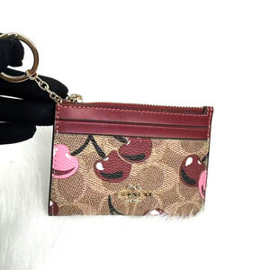 Coach Mini Skinny ID Card Case Wallet Keychain Signature Cherry Print CZ462 NWT